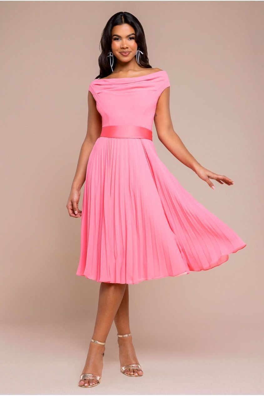 Cowl Neck Pleated A-Line Chiffon Midi Dress - Coral DR4501