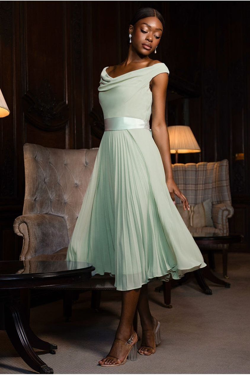 Cowl Neck Pleated A-Line Chiffon Midi Dress - Sage Green DR4501