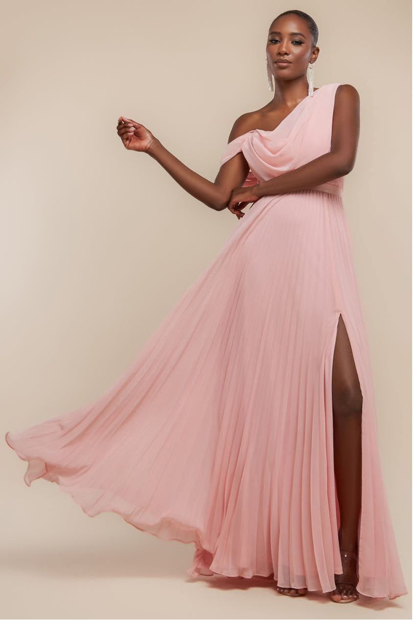 Cowl Neck One Shoulder A Line Chiffon Maxi Dress - Blush Pink DR4506
