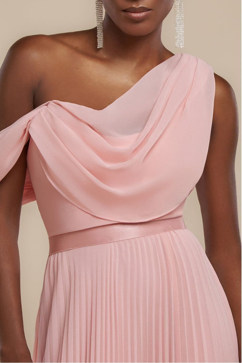 Cowl Neck One Shoulder A Line Chiffon Maxi Dress - Blush Pink DR4506