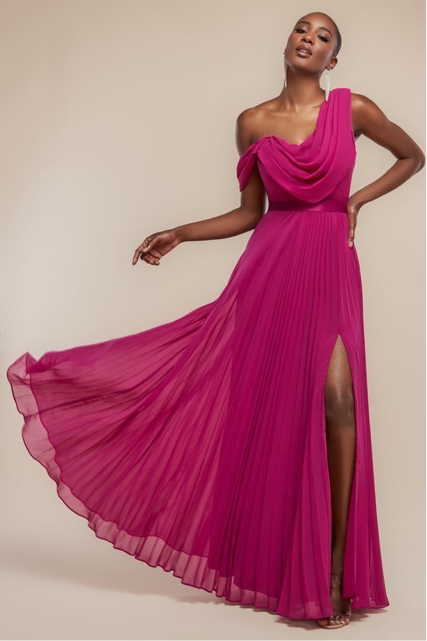 Cowl Neck One Shoulder A Line Chiffon Maxi Dress - Magenta DR4506