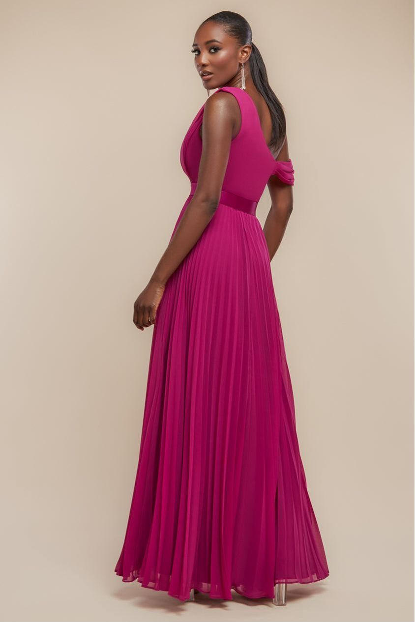Cowl Neck One Shoulder A Line Chiffon Maxi Dress - Magenta DR4506