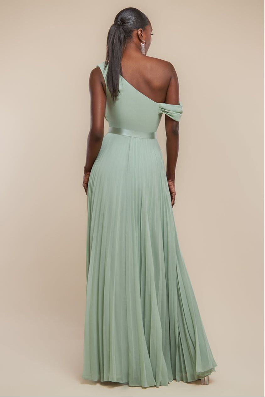 Cowl Neck One Shoulder A Line Chiffon Maxi Dress - Sage Green DR4506