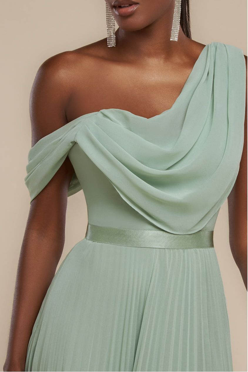 Cowl Neck One Shoulder A Line Chiffon Maxi Dress - Sage Green DR4506
