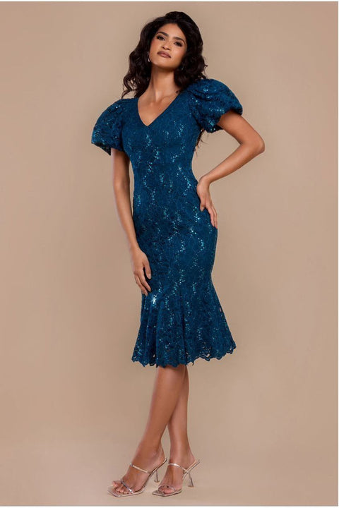 Sequin Lace Puff Sleeve Fit & Flare Midi Dress - Teal Blue by Goddiva