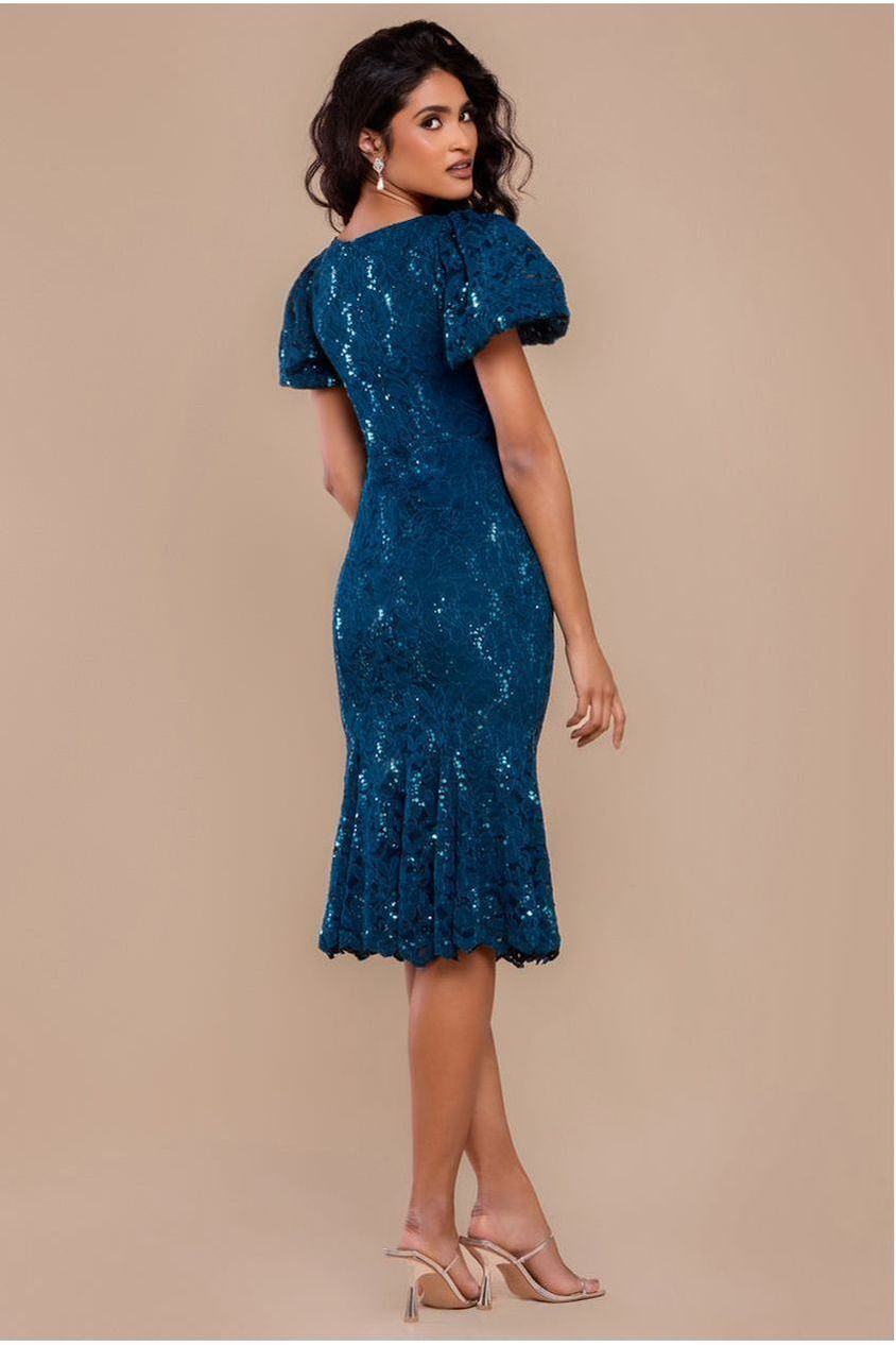 Sequin Lace Puff Sleeve Fit & Flare Midi Dress - Teal Blue DR4508