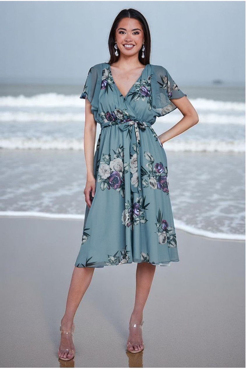 Floral Printed Flutter Sleeve Chiffon Midi Dress - Airforce Blue DR4515