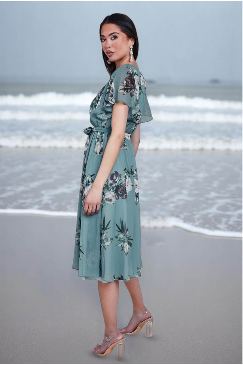 Floral Printed Flutter Sleeve Chiffon Midi Dress - Airforce Blue DR4515
