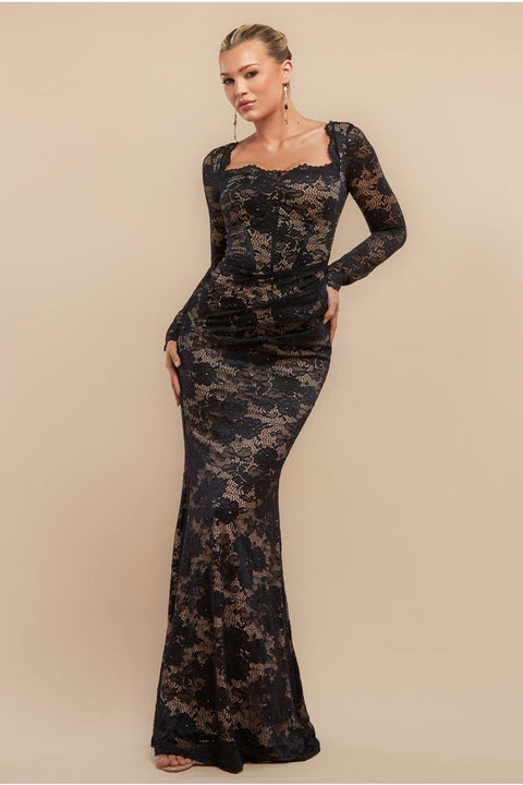 Scalloped Lace Corset Bodice Maxi Dress - Black by Goddiva