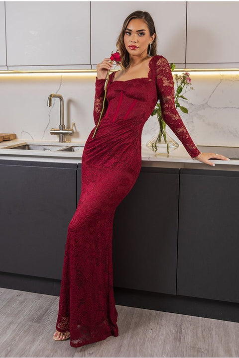 Scalloped Lace Corset Bodice Maxi Dress - Wine by Goddiva
