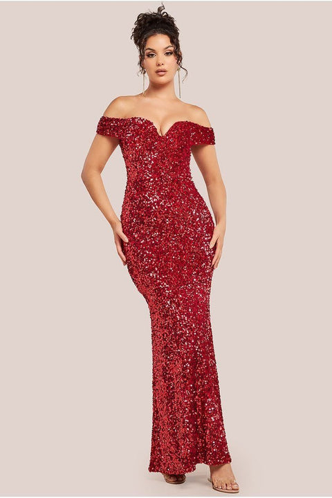 Sequin Velvet Bardot Evening Maxi Dress - Red by Goddiva