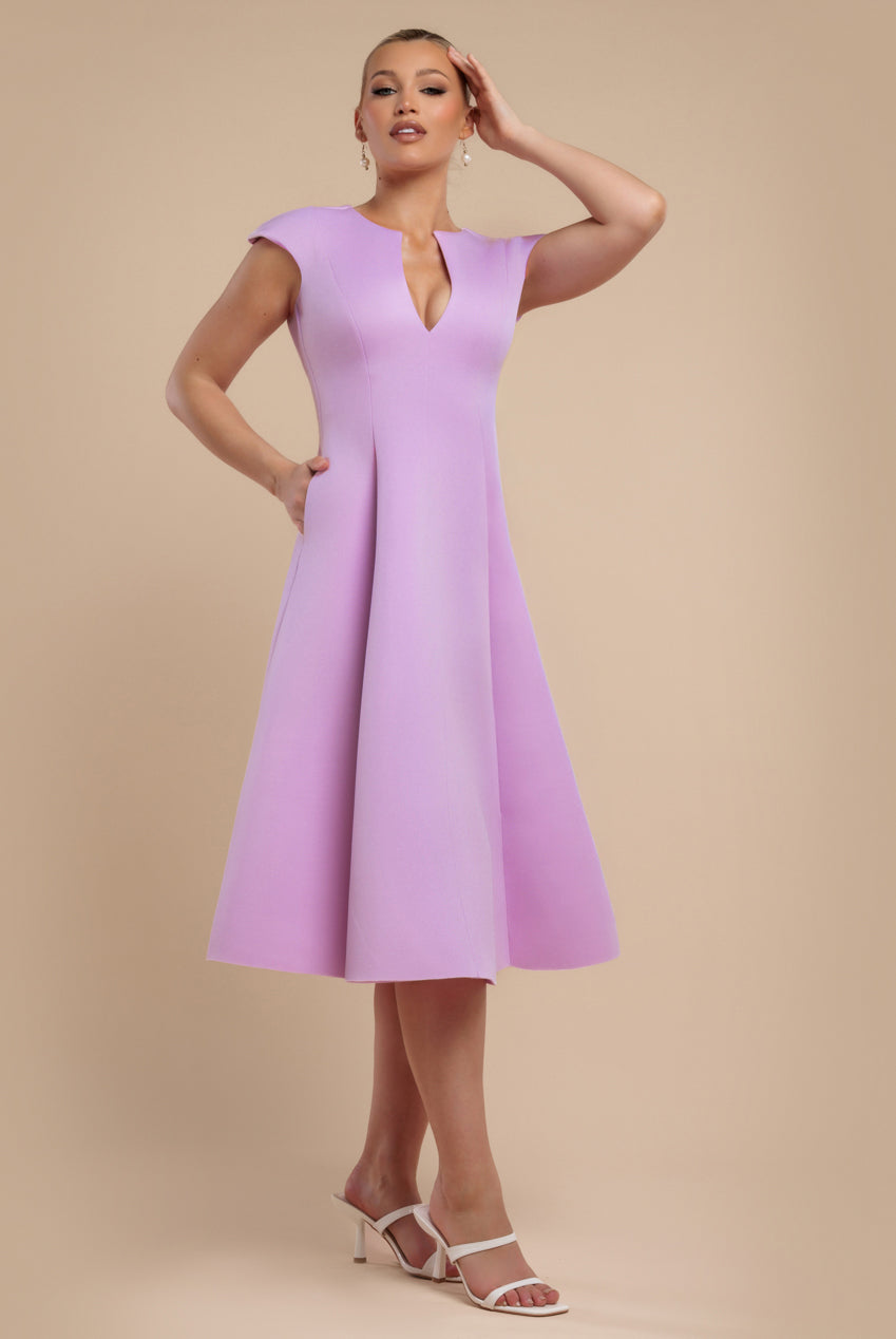 Cap Sleeve Plunging V-Neckline A-line Midi Dress - Lilac DR4540