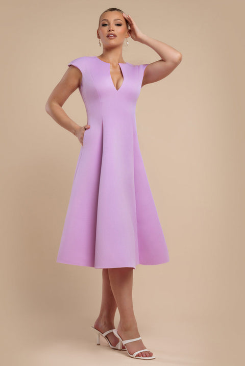 Cap Sleeve Plunging V-Neckline A-line Midi Dress - Lilac by Goddiva