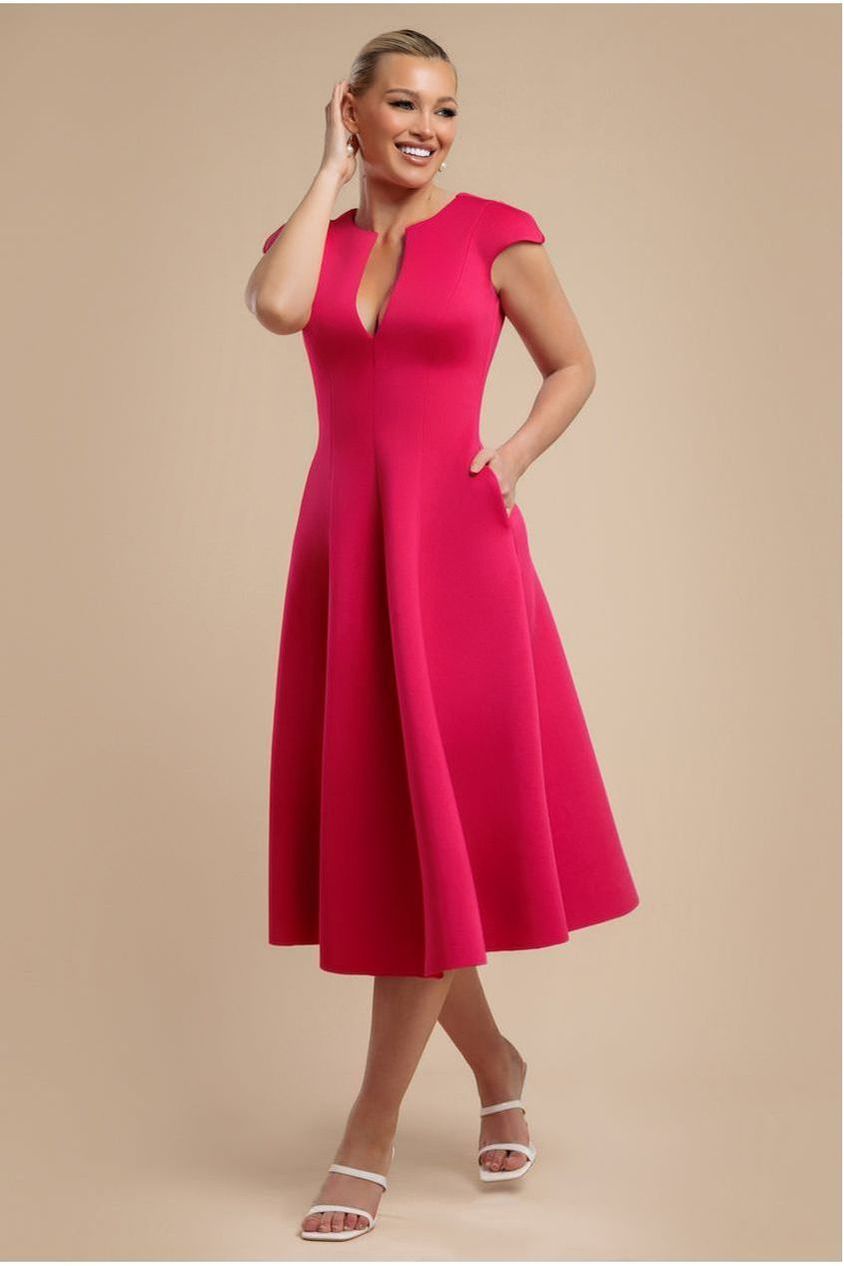 Cap Sleeve Plunging V-Neckline A-line Midi Dress - Magenta DR4540