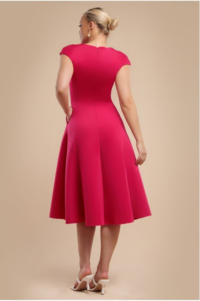 Cap Sleeve Plunging V-Neckline A-line Midi Dress - Magenta DR4540