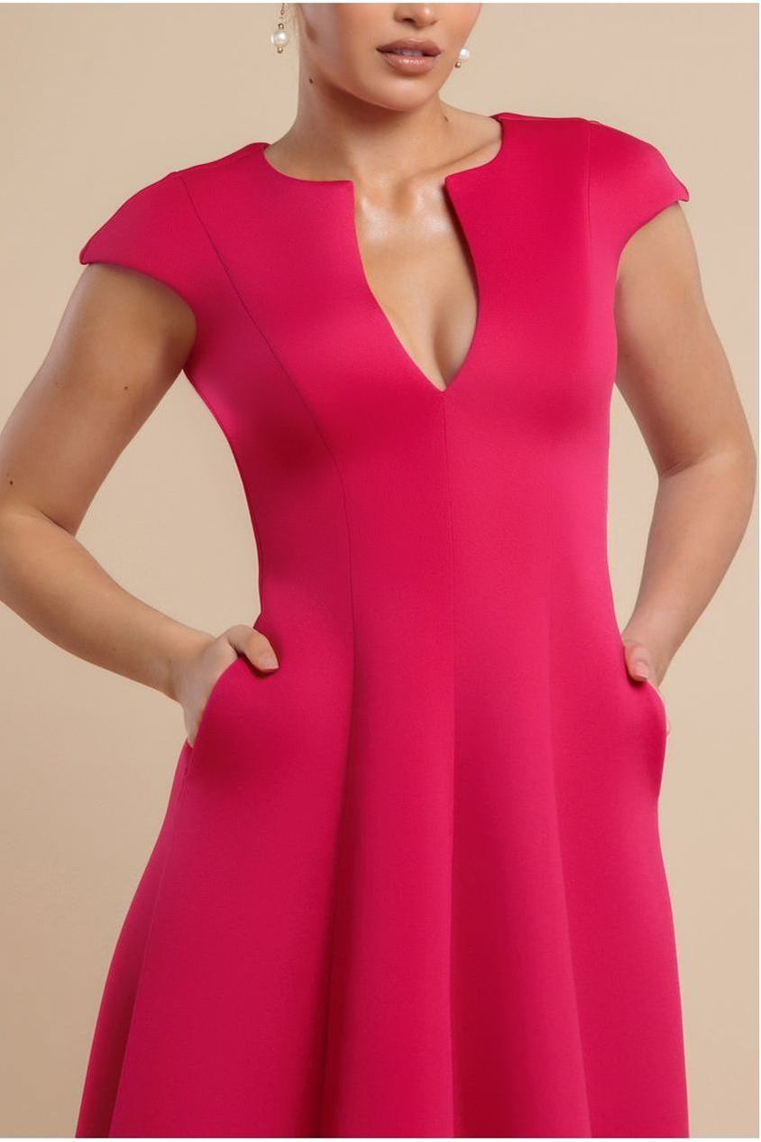 Cap Sleeve Plunging V-Neckline A-line Midi Dress - Magenta DR4540