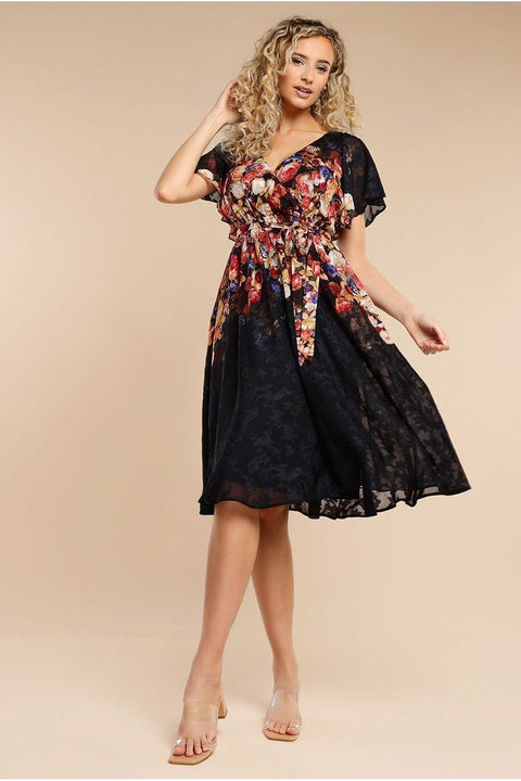Floral Flutter Sleeve Wrap Midi Dress - Black by Goddiva