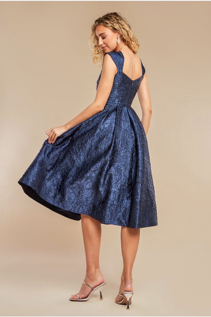 Crushed Satin Sleeveless A Line Midi Dress - Navy Blue DR4551