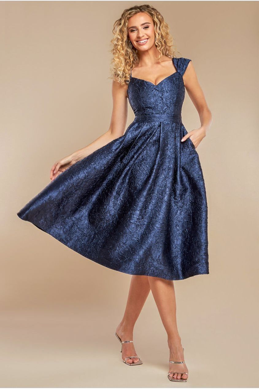 Crushed Satin Sleeveless A Line Midi Dress - Navy Blue DR4551