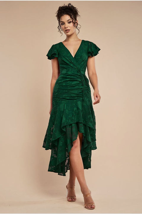 Jacquard Chiffon Wrap High Low Midaxi Dress - Emerald Green by Goddiva