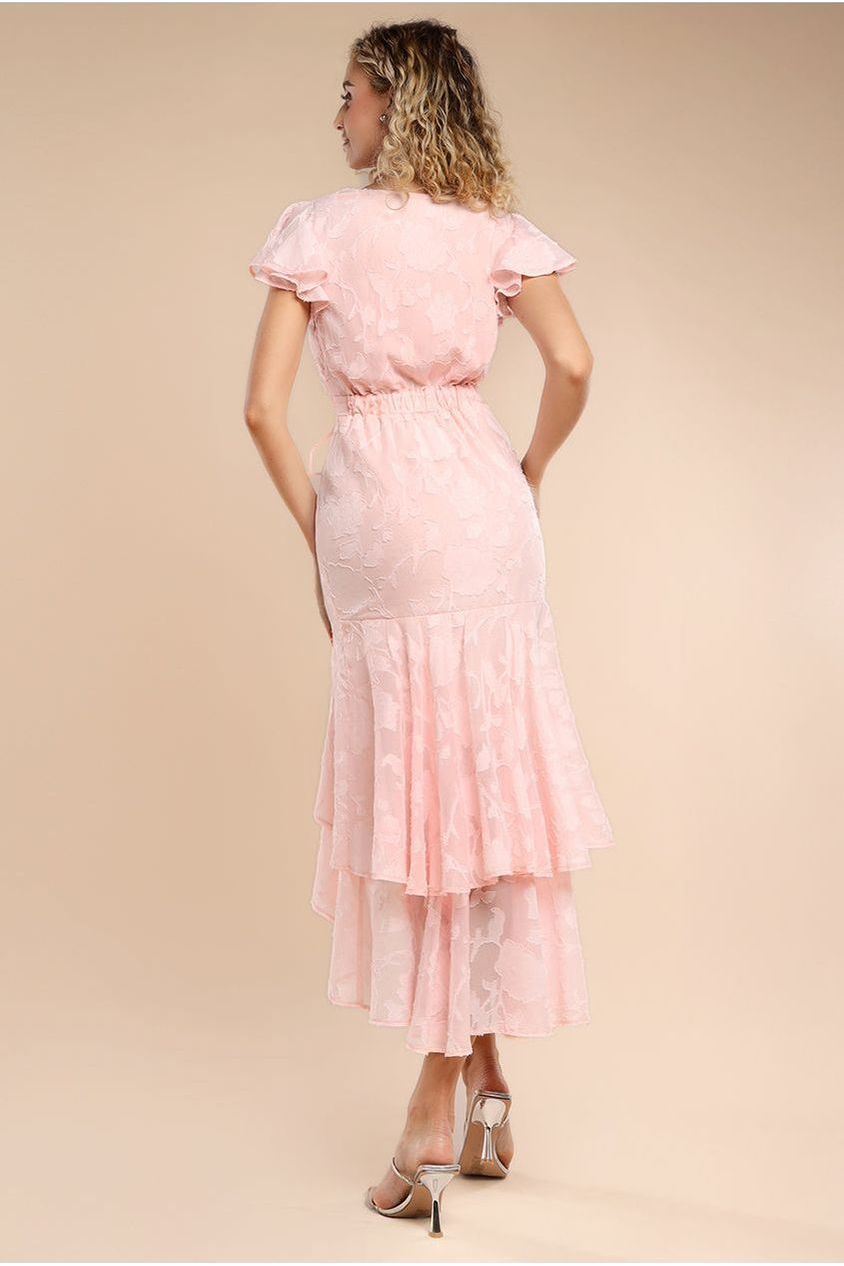 Jacquard Chiffon Wrap High Low Midaxi Dress - Pink DR4552