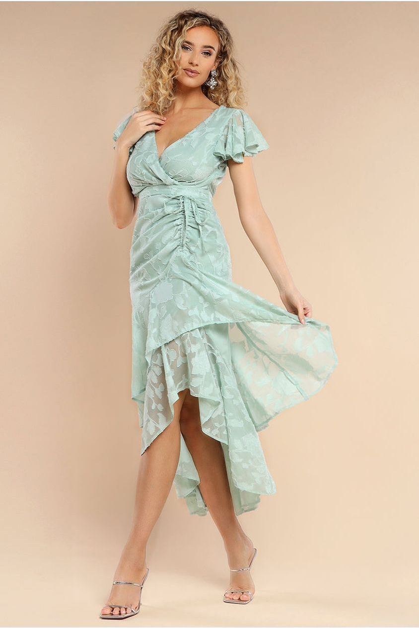 Jacquard Chiffon Wrap High Low Midaxi Dress - SageGreen DR4552