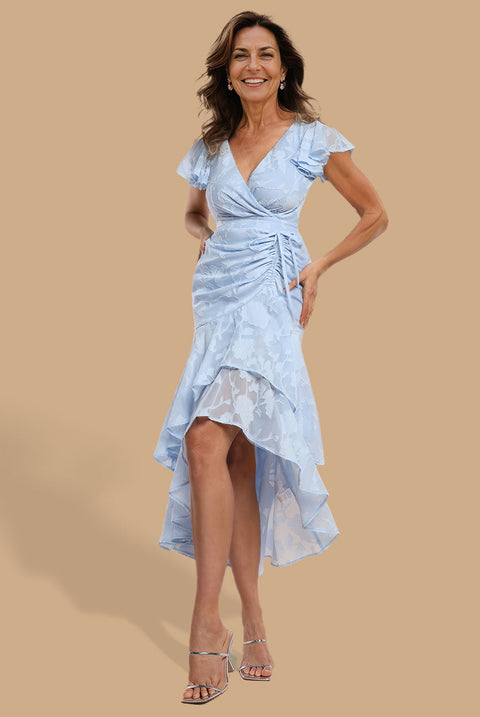 Jacquard Chiffon Wrap High Low Midaxi Dress - Blue by Goddiva