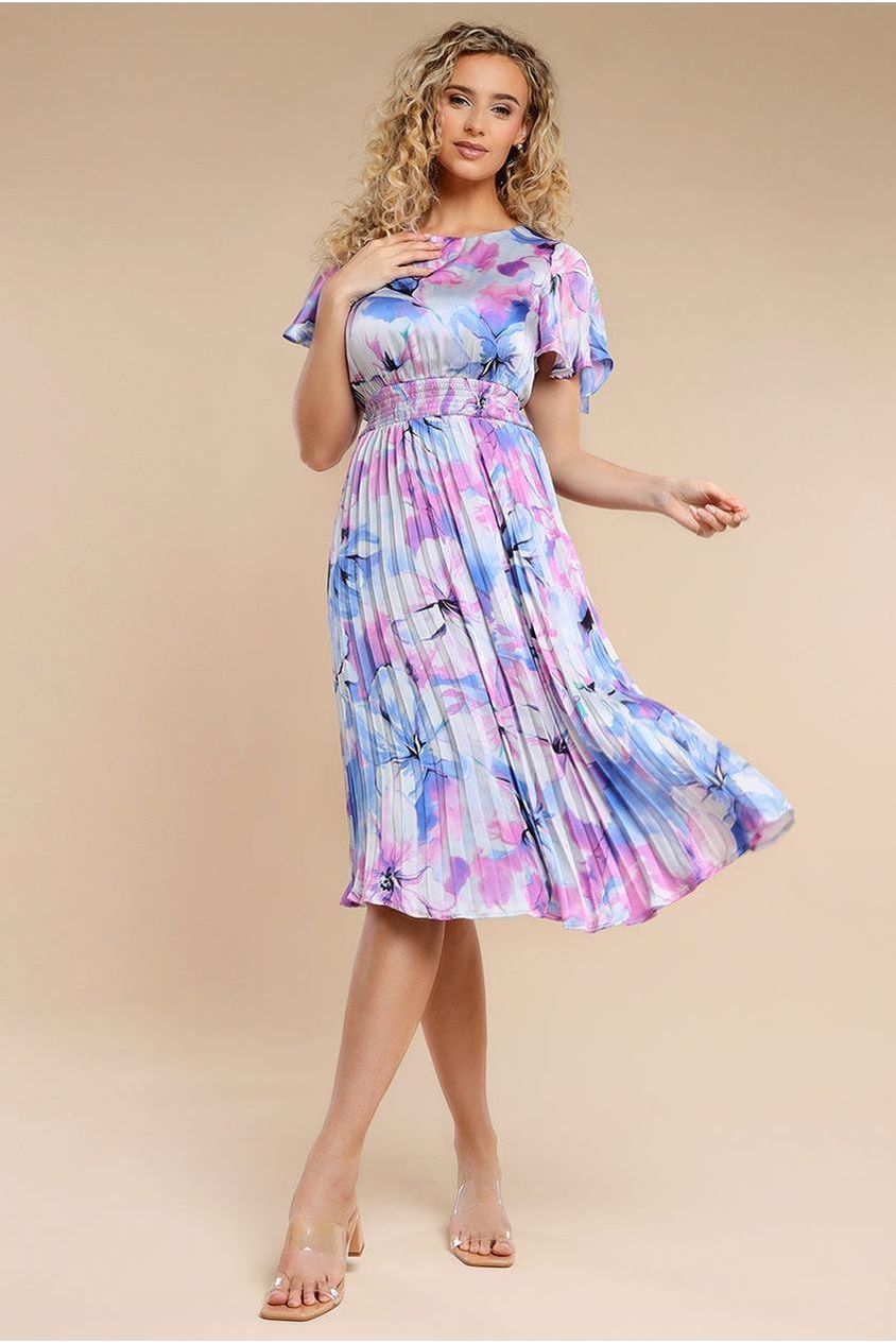 Flutter Sleeve Pleated Skirt Floral Midi Dress - Blue DR4565