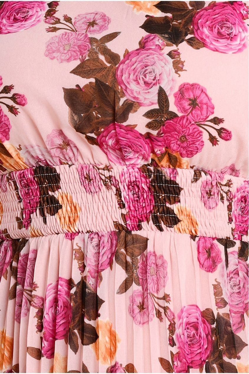 Flutter Sleeve Pleated Skirt Floral Midi Dress - Pink DR4565