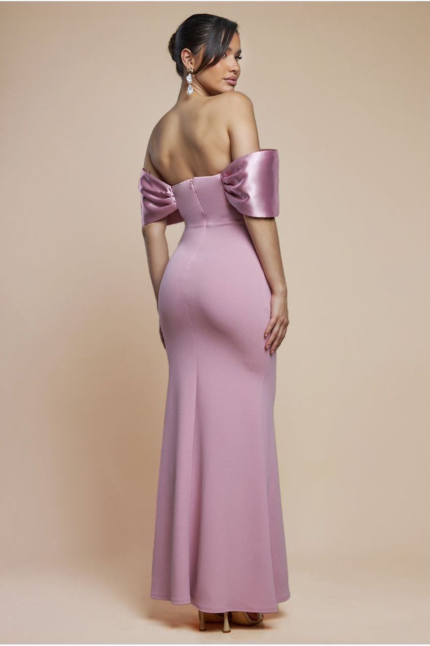 Twist Knot Satin & Scuba Bardot Maxi Dress - Blush Pink DR4575