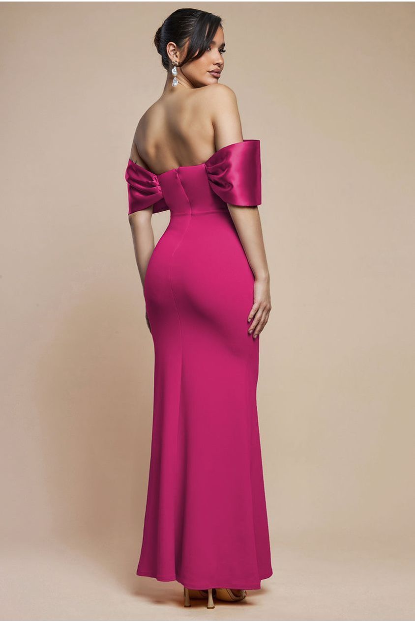 Twist Knot Satin & Scuba Bardot Maxi Dress - Magenta DR4575