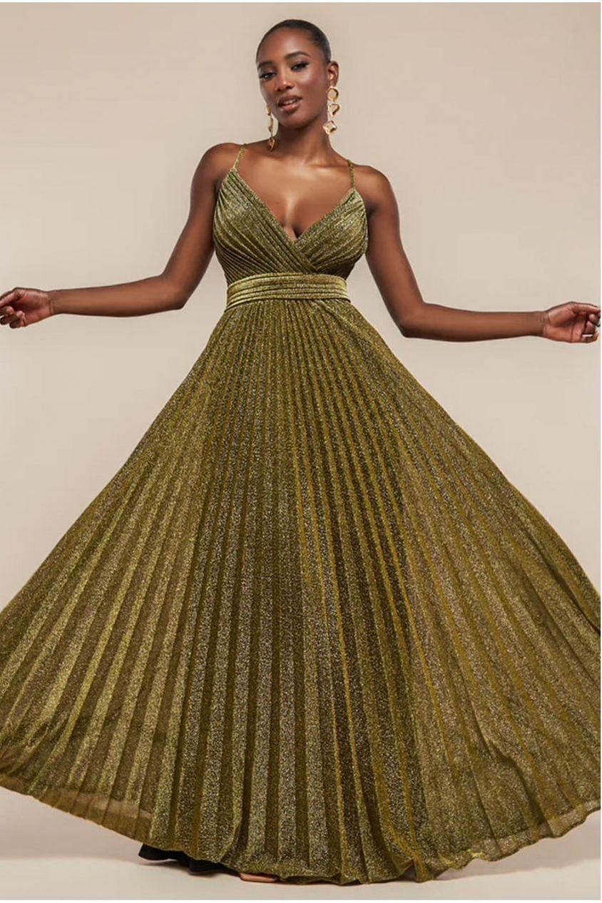 Sleeveless Pleated A Line Lurex Maxi Dress - Gold DR4494