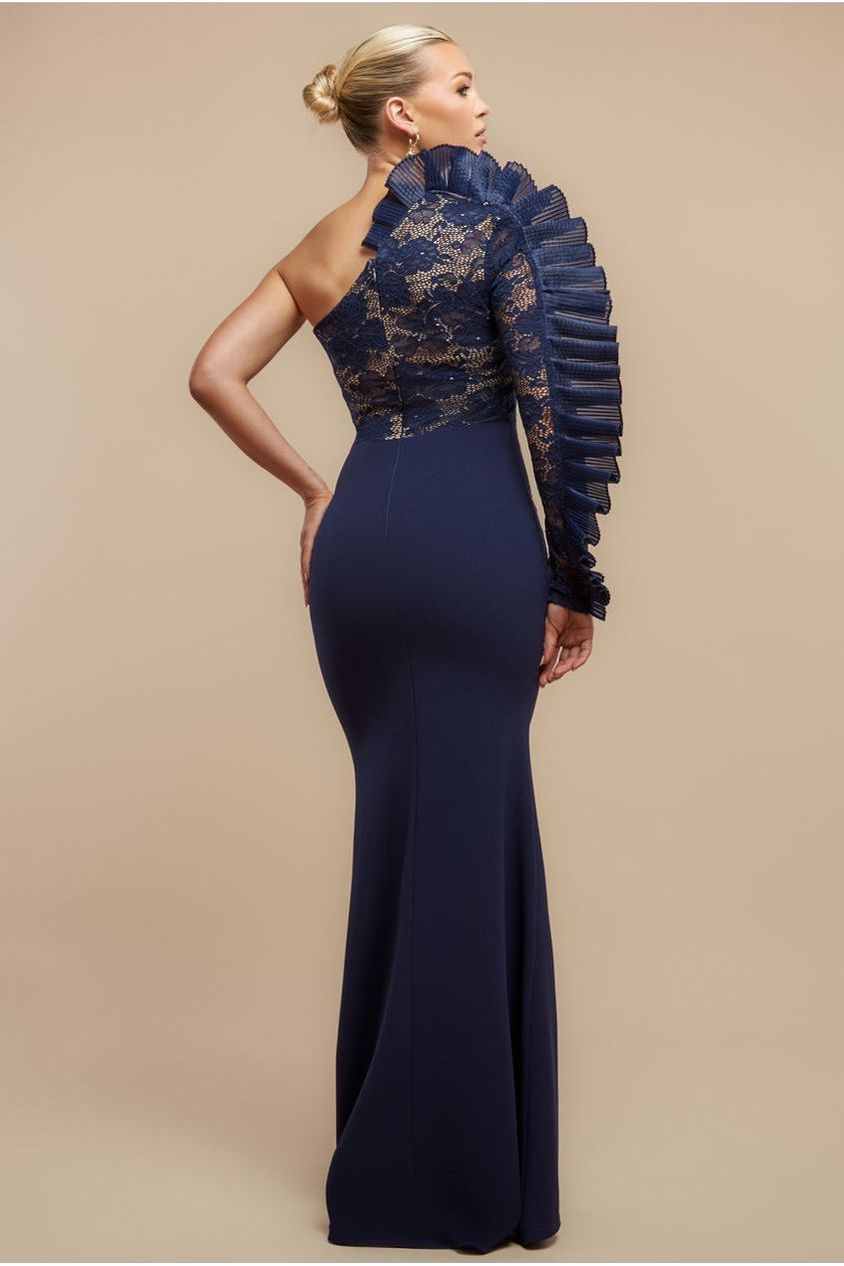 One Shoulder Organza  Fan Detail Lace Bodice Maxi Dress - Navy Blue DR4577
