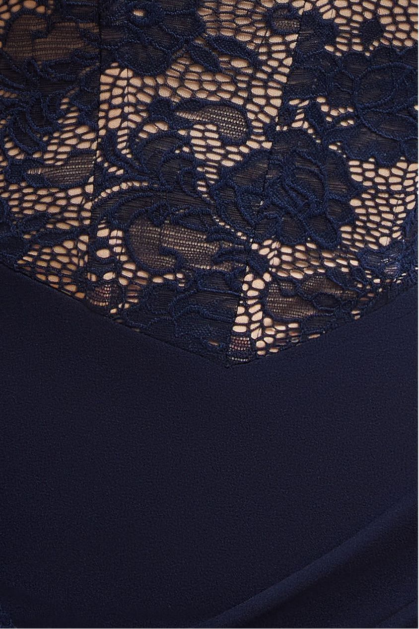 One Shoulder Organza  Fan Detail Lace Bodice Maxi Dress - Navy Blue DR4577