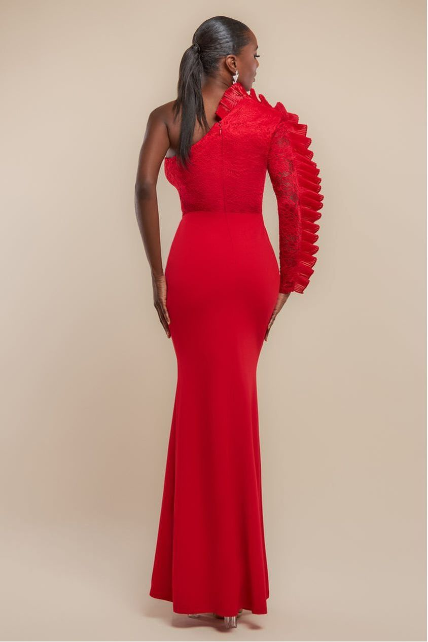 One Shoulder Organza  Fan Detail Lace Bodice Maxi Dress - Red DR4577