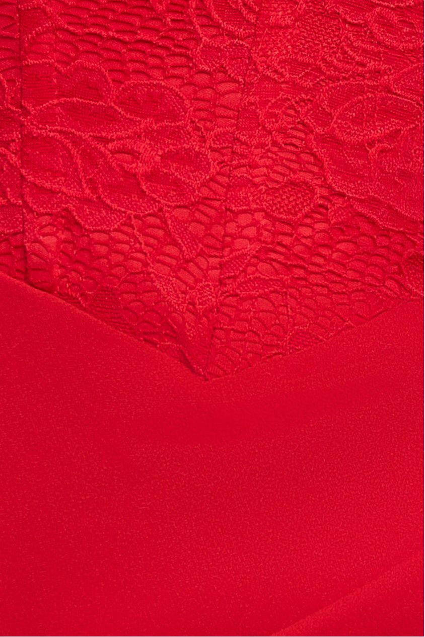 One Shoulder Organza  Fan Detail Lace Bodice Maxi Dress - Red DR4577