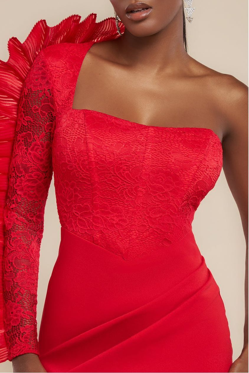 One Shoulder Organza  Fan Detail Lace Bodice Maxi Dress - Red DR4577