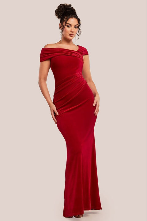 One Shoulder Velvet Maxi Dress - Red by Goddiva