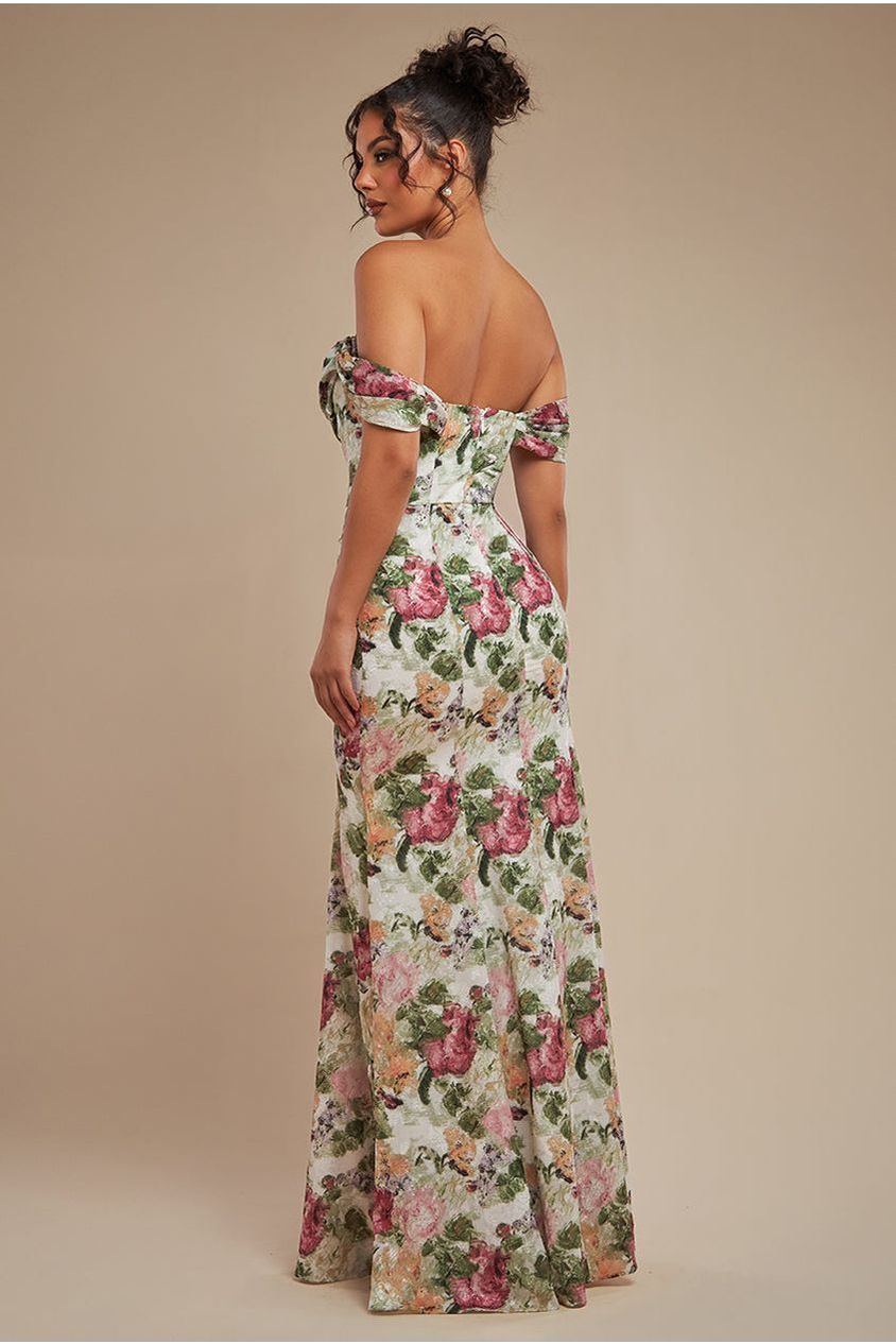Cowl Neck Floral Print Jacquard Chiffon Maxi Dress - Cream DR4583