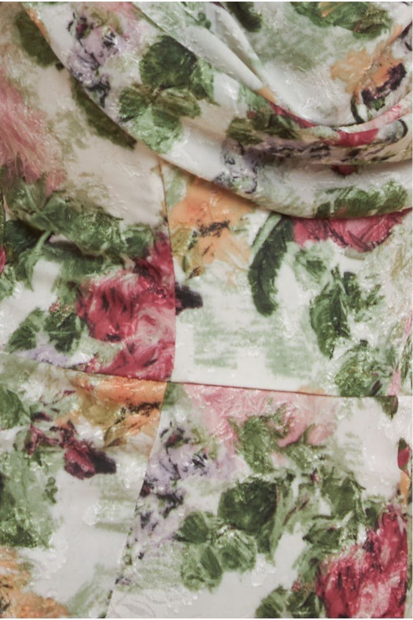 Cowl Neck Floral Print Jacquard Chiffon Maxi Dress - Cream DR4583