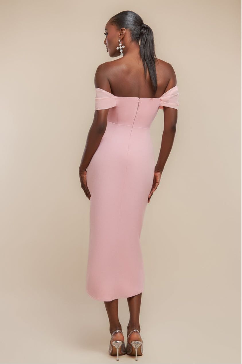 Off The Shoulder Chiffon Wing Scuba Crepe Midi Dress - Blush Pink DR4584