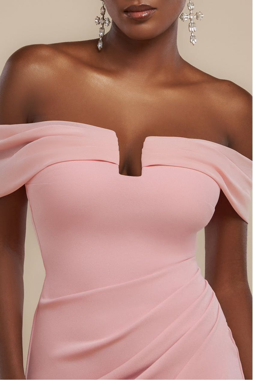Off The Shoulder Chiffon Wing Scuba Crepe Midi Dress - Blush Pink DR4584