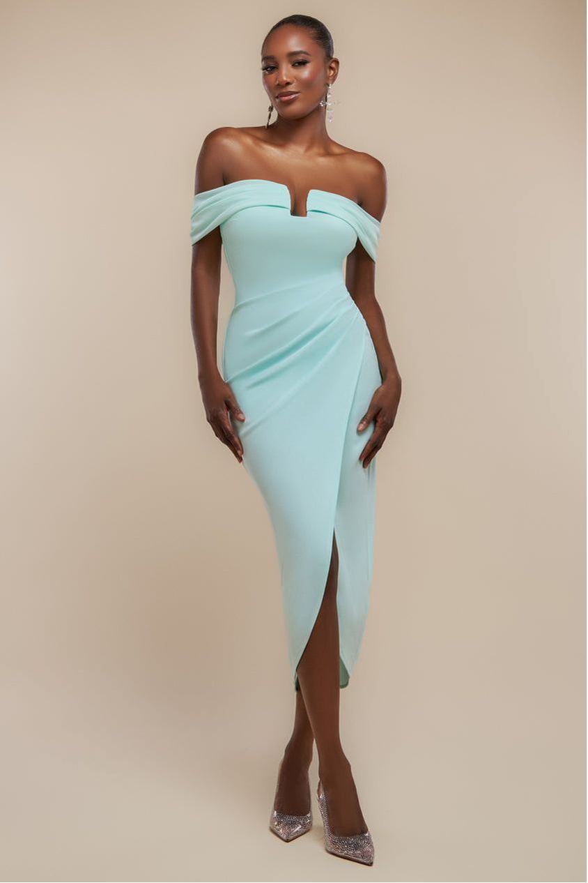 Off The Shoulder Chiffon Wing Scuba Crepe Midi Dress - Mint Green DR4584