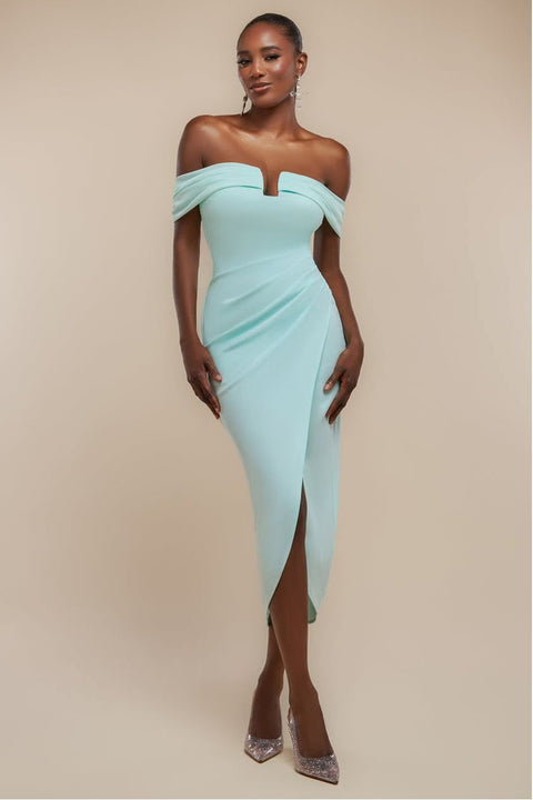 Off The Shoulder Chiffon Wing Scuba Crepe Midi Dress - Mint Green by Goddiva