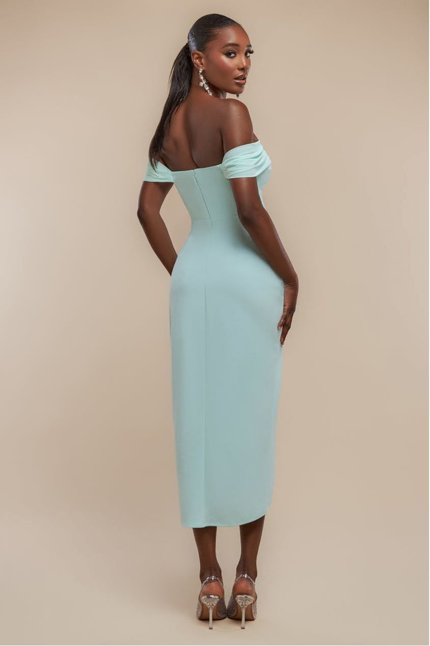 Off The Shoulder Chiffon Wing Scuba Crepe Midi Dress - Mint Green DR4584