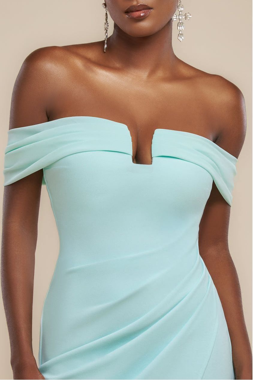 Off The Shoulder Chiffon Wing Scuba Crepe Midi Dress - Mint Green DR4584