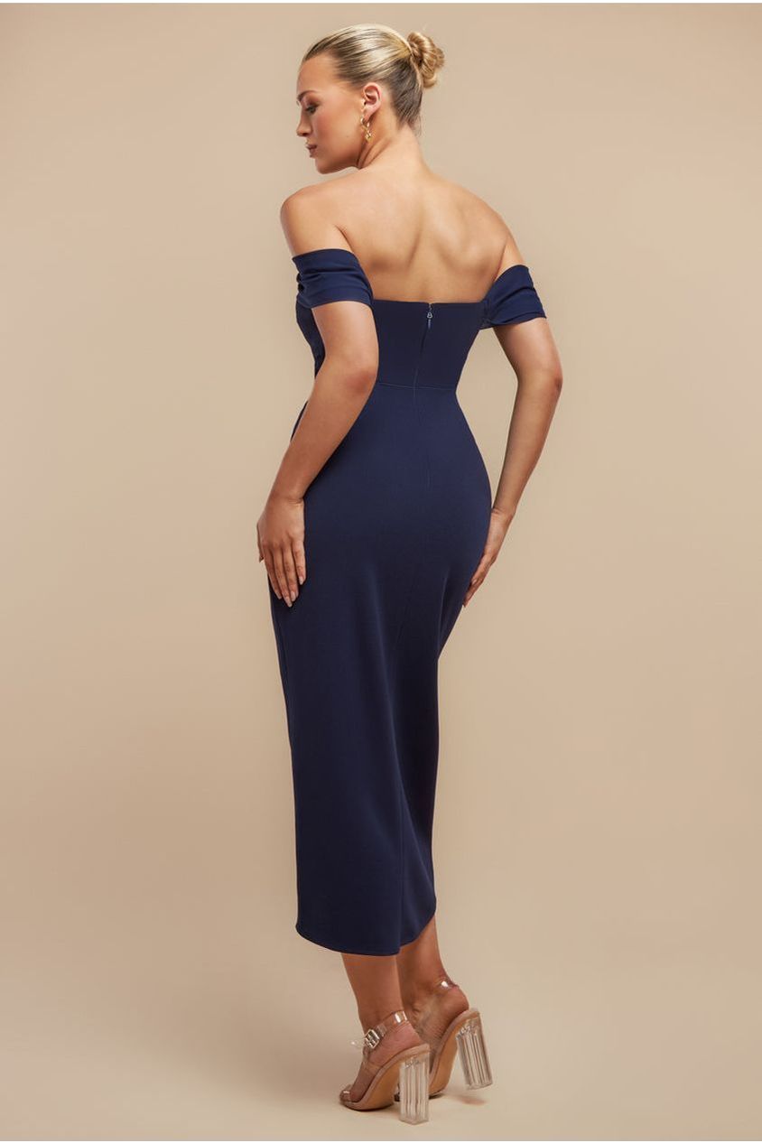 Off The Shoulder Chiffon Wing Scuba Crepe Midi Dress - Navy Blue DR4584