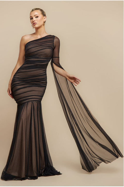 Gathered One Sleeve Angel Wing Mermaid Maxi Dress - Black by Goddiva