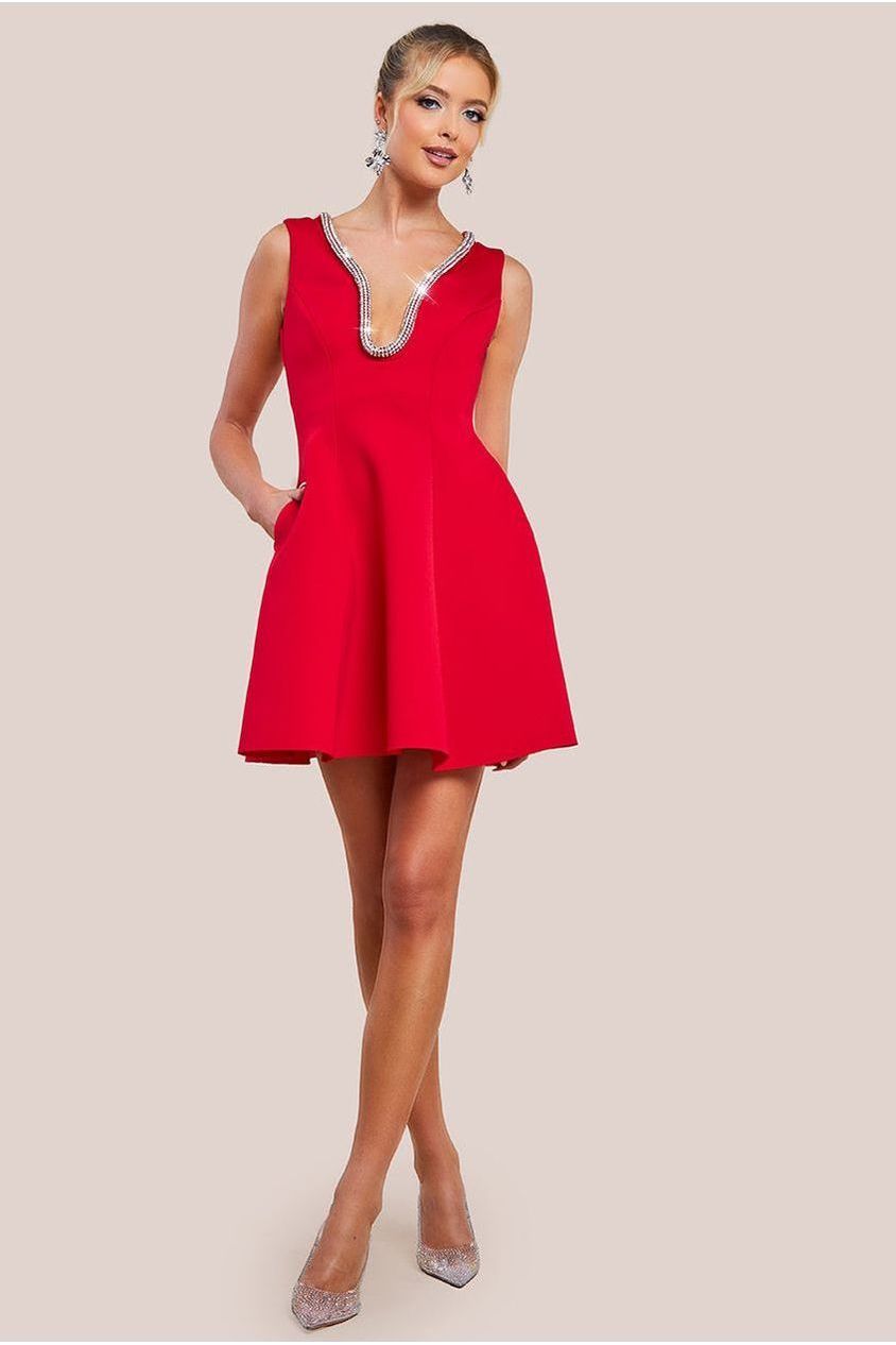 Diamante Embellished Neck A-Line Mini Dress - Red DR4598