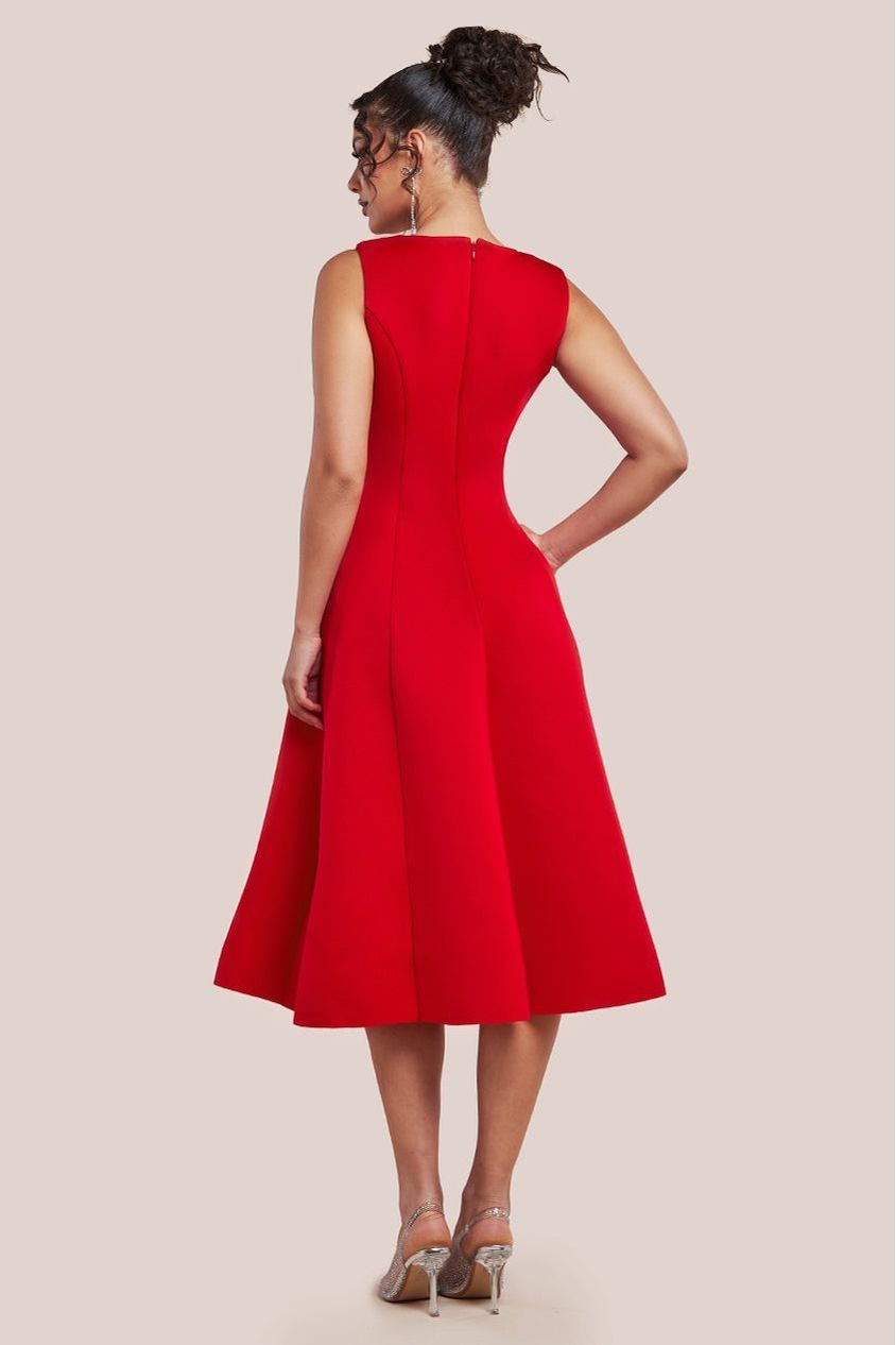 Diamante Embellished Neck A-Line Midi Dress - Red DR4599
